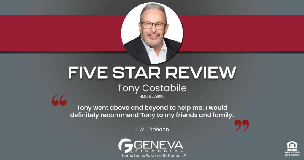 5 Star Review for Tony Costabile, Licensed Mortgage Loan Officer with Geneva Financial, Geneva, IL – Home Loans Powered by Humans®.