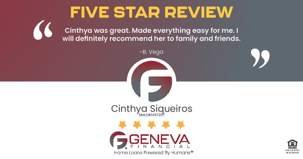 5 Star Review for Cinthya Siqueiros, Licensed Mortgage Loan Officer with Geneva Financial, Glendale, AZ – Home Loans Powered by Humans®.