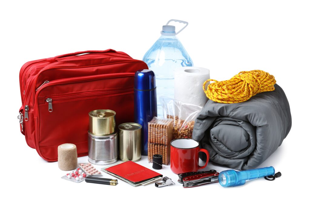 Disaster supply kit on white background