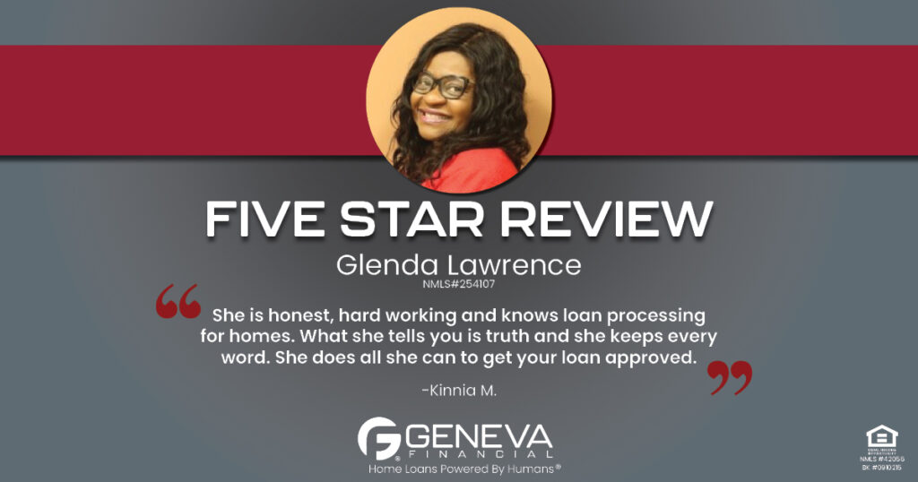 5 Star Review for Glenda Lawrence, Licensed Mortgage Loan Officer with Geneva Financial, California Market – Home Loans Powered by Humans®.